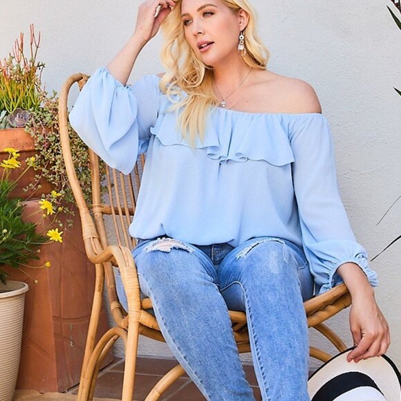 Off Shoulder Ruffle Bubble Sleeve Top - Picture 2 of 4